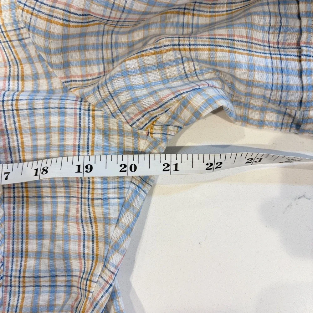 Vintage 1989 Levis White Tab Plaid Short Sleeve Shirt Made in USA Blue Tan Men M